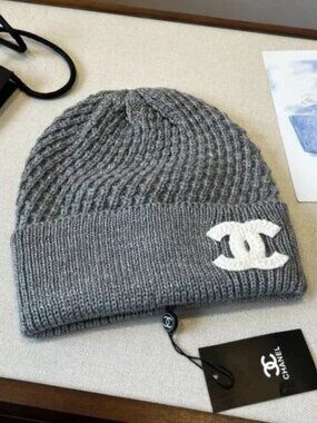 Chanel Gray Knit Beanie with Classic Logo